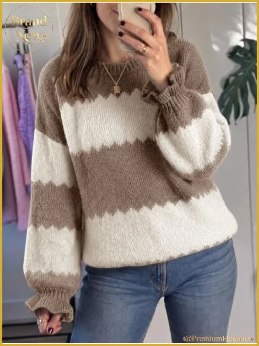 Striped Color Block Ruffle Puff Sleeve Pullover Sweater Fall Winter